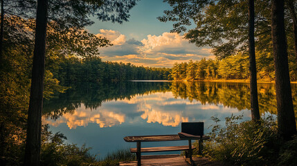 Fototapeta premium Youâ€™re surrounded by towering trees, and the lake mirrors the sky. What simple pleasures do you indulge in during your quiet retreat in the heart of nature?
