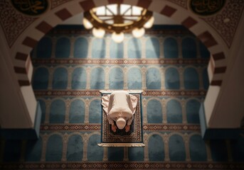 Muslim Woman Praying and Prostrating in a Beautiful Modern Mosque Interior