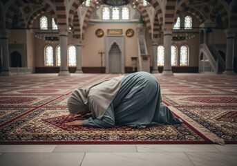Muslim Woman Praying and Prostrating in a Beautiful Modern Mosque Interior