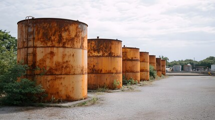 Rows of large rusty and weathered industrial storage tanks stand outdoors under an overcast sky