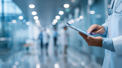close up of a doctor using a digital tablet in a modern hospital hallway, physician accessing electronic health records on a touchscreen device, innovative smart healthcare and medical technology conc
