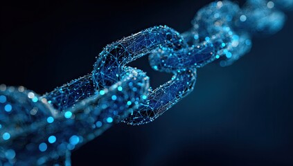 Digital chain link with glowing points, set on a dark blue gradient background