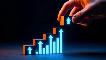 A hand carefully places an orange block featuring an upward arrow onto a glowing blue bar graph staircase.