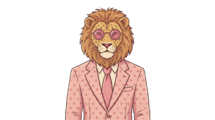 A unique pixel art portrait of a lion character dressed in a pink suit adorned with small red hearts, complete with stylish sunglasses.