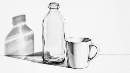 Pencil Sketch of Glass Bottle and Mug with Dramatic Light and Shadow