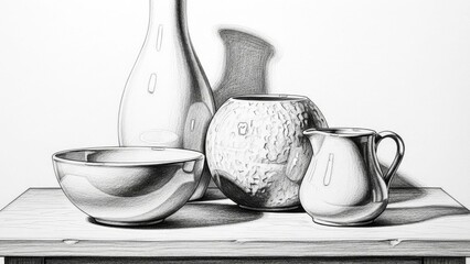 Pencil Drawing Still Life: Ceramic Vessels and Bowl on Table