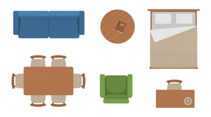 A collection of pixel art furniture viewed from directly above. Includes a blue sofa, a round wooden table, a bed, a dining table with chairs, and an armchair.