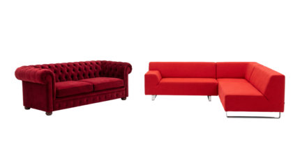 A studio shot showcasing two distinct red sofas against a transparent background. One is a classic, tufted Chesterfield sofa, and the other is a modern L-shaped sectional.