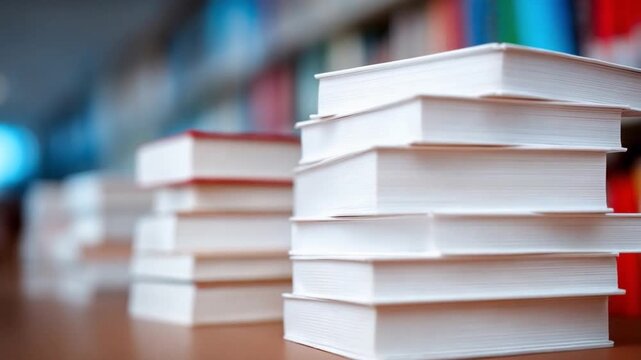 Stack of Books in Library: A stack of blank books, ready for knowledge to fill their pages, rests in a library setting, with more books creating a beautiful blur in the background.