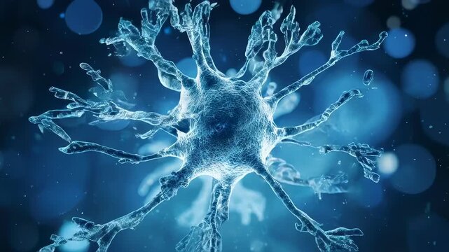 Detailed, blue-toned illustration of a neuron with dendritic branches and bokeh background