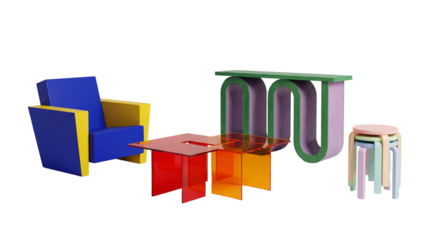 A striking collection of contemporary furniture with a transparent background, including a colorful armchair, multi-layered coffee table, and unique wavy console and stools.