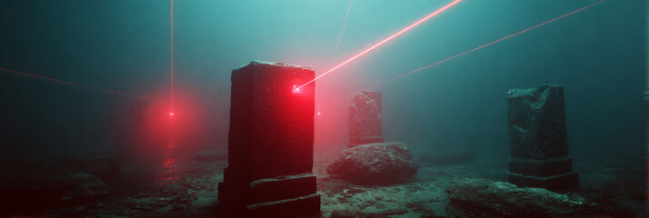 An autonomous underwater drone scans stone columns and statues using a laser grid and beams of light through murky water at a historical site. The technology captures details effectively, banner