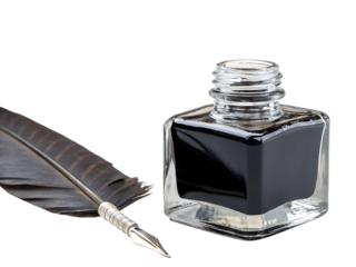 glass ink bottle filled with black ink isolated on white  background
