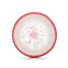 Vibrant studio shot of a crisp red radish slice showcasing intricate white and pink interior patterns