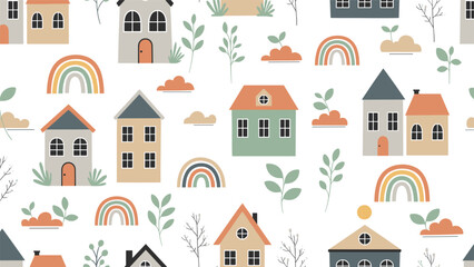 Naklejka premium Cute and colorful seamless pattern featuring cartoon houses, small trees, and rainbows in a minimalist scandinavian nursery style.