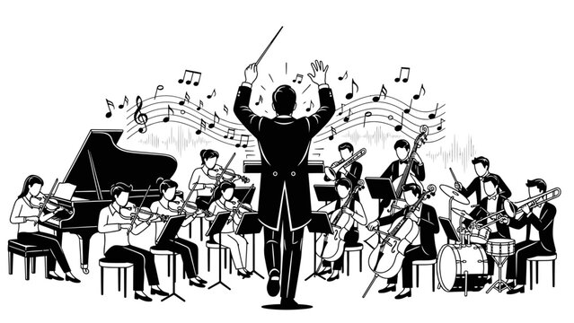Black and white illustration of a conductor leading an orchestra with various musical instruments and notes in a lively composition.