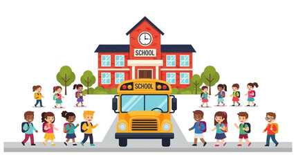 A vibrant school building with a yellow bus and happy children waiting © SHANTI