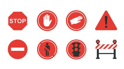Collection of various red and white traffic and warning sign illustrations © Santirani