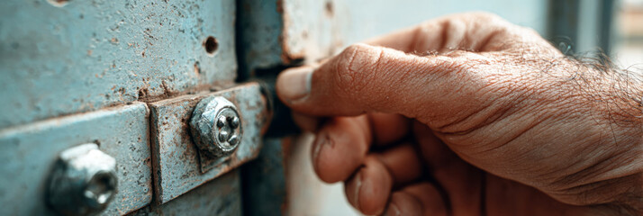 A mechanic wearing gloves applies lubricant to a metal hinge on a gate. This activity takes place in a workshop during daylight hours. The mechanic focuses on proper maintenance, banner