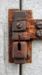 Close view of metal gate hinges and latch with visible signs of rust and wear. The surface shows unique textures and details that tell a story of exposure to the elements