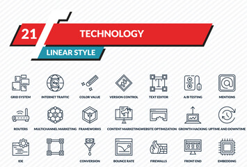 technology icons set - grid system, internet traffic, color value, front end, embedding outline vector collection.