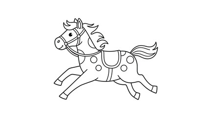 Obraz premium Simple and happy horse with a saddle running in a line art illustration style perfect for children coloring books or educational sheets.