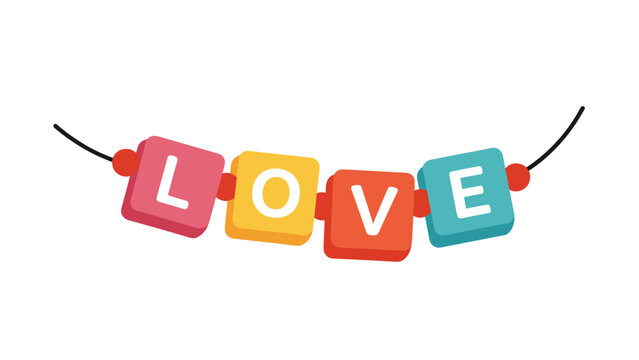 Colorful bead garland spelling the word love with square alphabet blocks hanging on a simple string for romantic or nursery decoration.