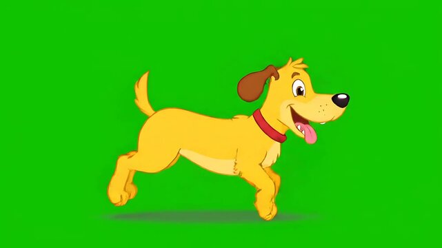 Happy cartoon dog running animation on green screen. Cheerful yellow puppy mascot trotting or galloping, isolated illustration for chroma key video background.