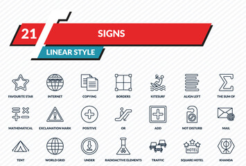 signs icons set - favourite star, internet, copying, square hotel, khanda outline vector collection.