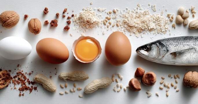 Assortment of common allergens like eggs, nuts, fish, and grains arranged on a white surface