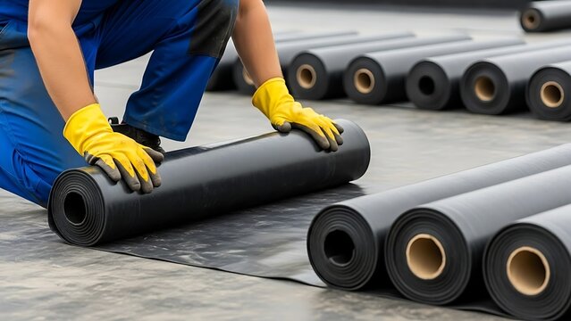 Worker installing waterproofing membrane on roof or floor
