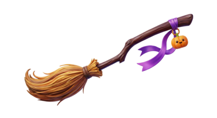 Cartoon Halloween Witch Broom With Cute Pumpkin Charm And Purple Ribbon isolated on transparent background
