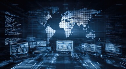 Cyber room with code and world map on screens, blue hues, computers, futuristic