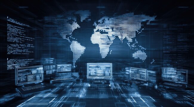 Cyber room with code and world map on screens, blue hues, computers, futuristic - Powered by Adobe