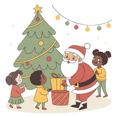 santa claus handing gifts to children beside a decorated christmas tree with lights high quality professional detailed modern elegant stylish