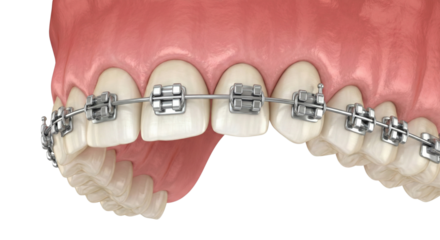 Close up of metallic dental braces on human teeth and gums demonstrating orthodontic treatment for alignment isolated on transparent background