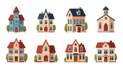 Fototapeta premium Comprehensive set of diverse colorful european style houses and buildings with small trees and gardens in a cartoon illustration style.