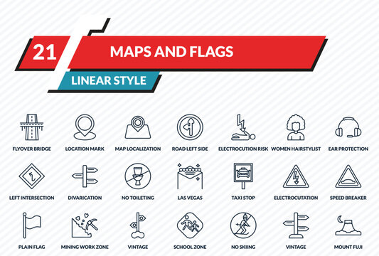 maps and flags icons set - flyover bridge, location mark, map localization, vintage, mount fuji outline vector collection.