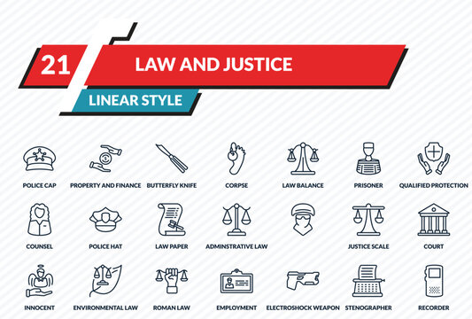 law and justice icons set - police cap, property and finance, butterfly knife, stenographer, recorder outline vector collection.