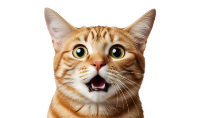 Funny surprised orange tabby cat face close up reaction shot isolated PNG with Transparent Background