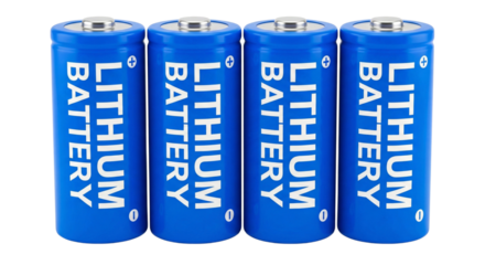 Four blue lithium batteries with white text labels arranged side by side isolated on transparent background