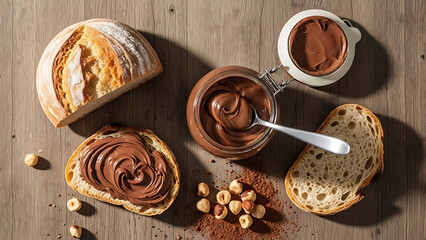 Minimalist Flat Lay Composition of Chocolate Hazelnut Spread, Bread, and Hazelnuts on Wooden Table, Top View Social Media Content