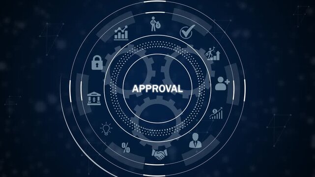 Futuristic digital interface with the word APROVAL at its core surrounded by interconnected for data analysis financial growth security and business concepts on a dark blue
