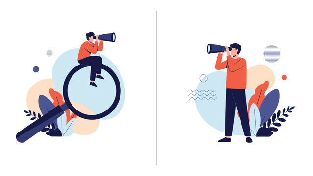 creative business concept illustrations showing men using binoculars and a magnifying glass for search purposes.