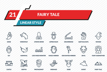 fairy tale icons set - genie, werewolf, atomic bomb, ghost, fairy tale outline vector collection. © IconArt