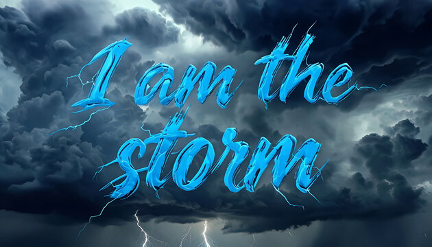 Dramatic scene with dark storm clouds swirling, lit up by flashes of lightning. The words 'I am the storm' are overlaid on the turbulent sky, creating a powerful visual contrast.