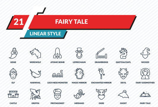 fairy tale icons set - genie, werewolf, atomic bomb, ghost, fairy tale outline vector collection.