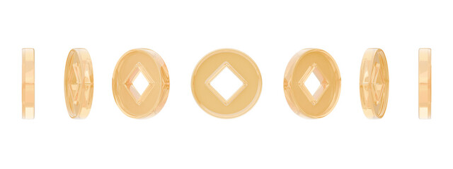 A high-quality 3D render featuring a sequence of golden ancient coins in glass style 3D often associated with Chinese luck displayed at various rotation angles in transparent background