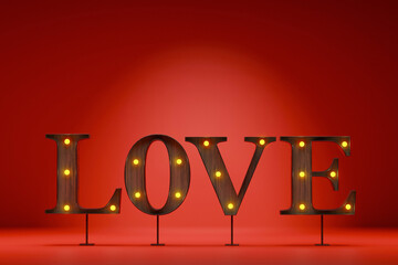 LOVE Marquee Sign with Glowing Bulbs on Red Background. 3D rendering of the word LOVE in vintage marquee letters with warm glowing light bulbs. Valentine's Day