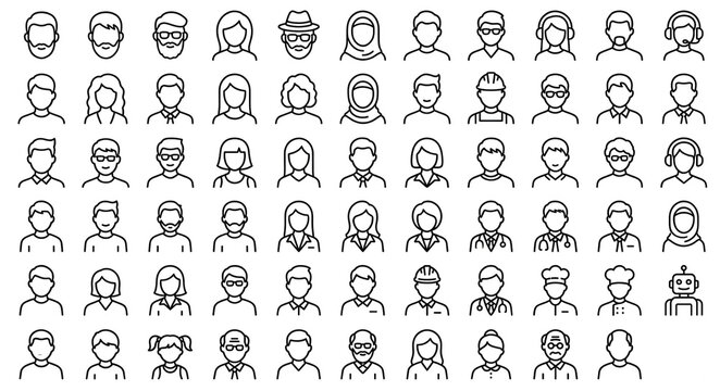 Set of 65 outline icons related to avatars for user interface. Linear icon collection. Editable stroke. Vector illustration